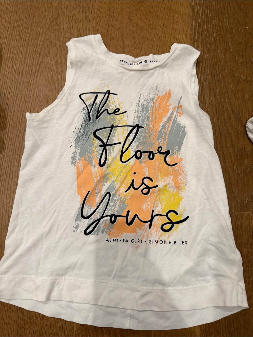 Athleta White Graphic Tank with Orange, Yellow & Gray Brush-Strokes